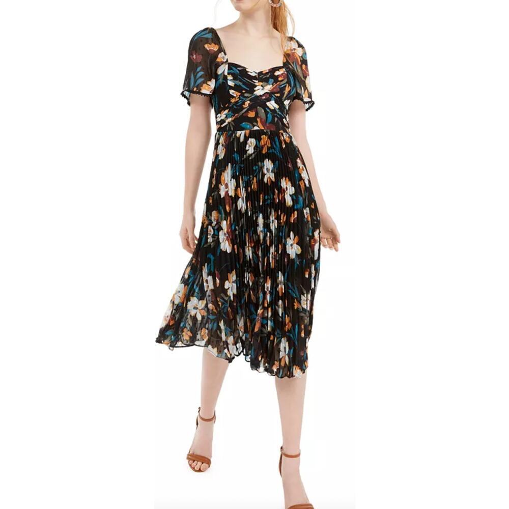 Foxiedox Women Floral-Print Pleated Midi Dress Dark Feminine Flowy Casual Size S